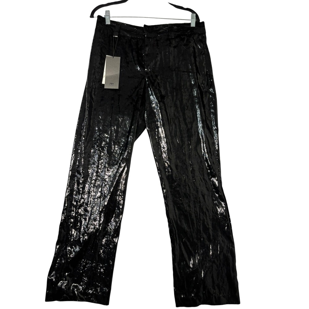 Zara Metallic Black‎ Shimmer High Waisted Straight Leg Trousers Size L NEW
